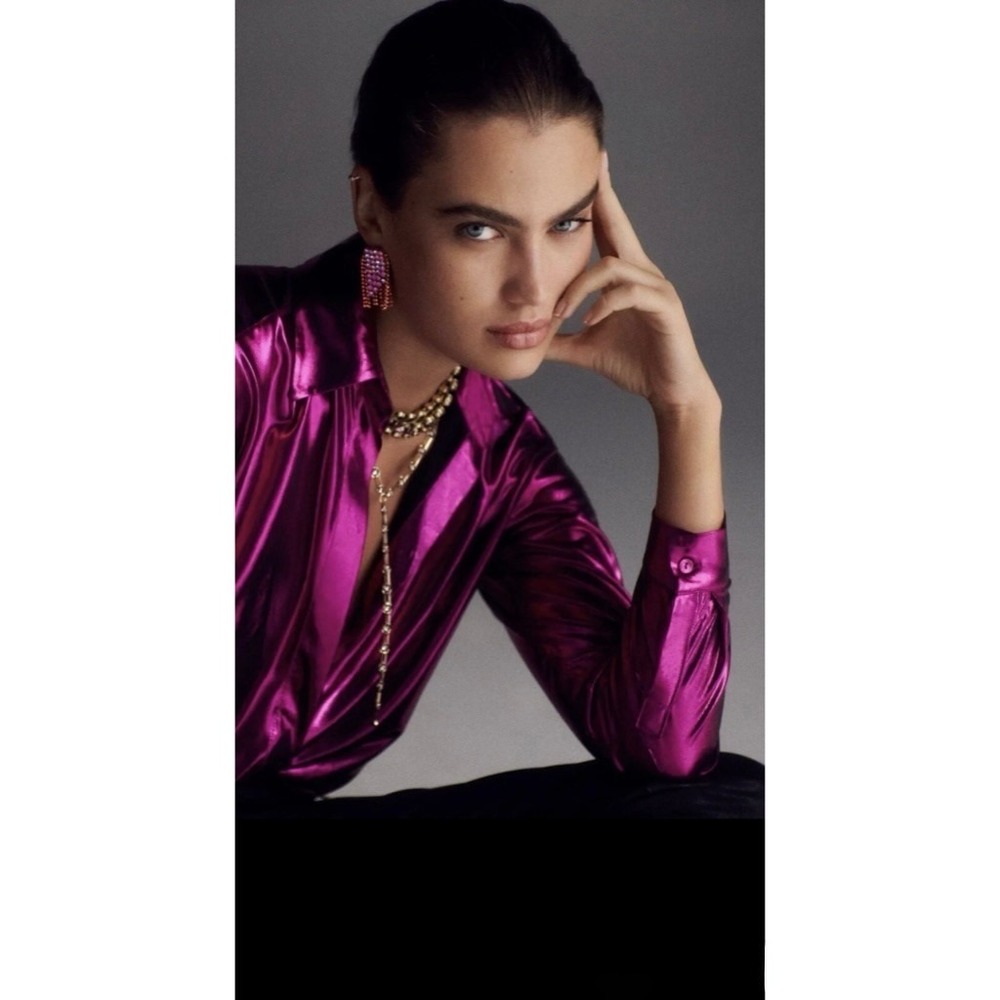 By ANTHROPOLOGIE Magenta Pink Shimmer Shine Lamé Buttondown Top Blouse X-Small - Picture 5 of 16